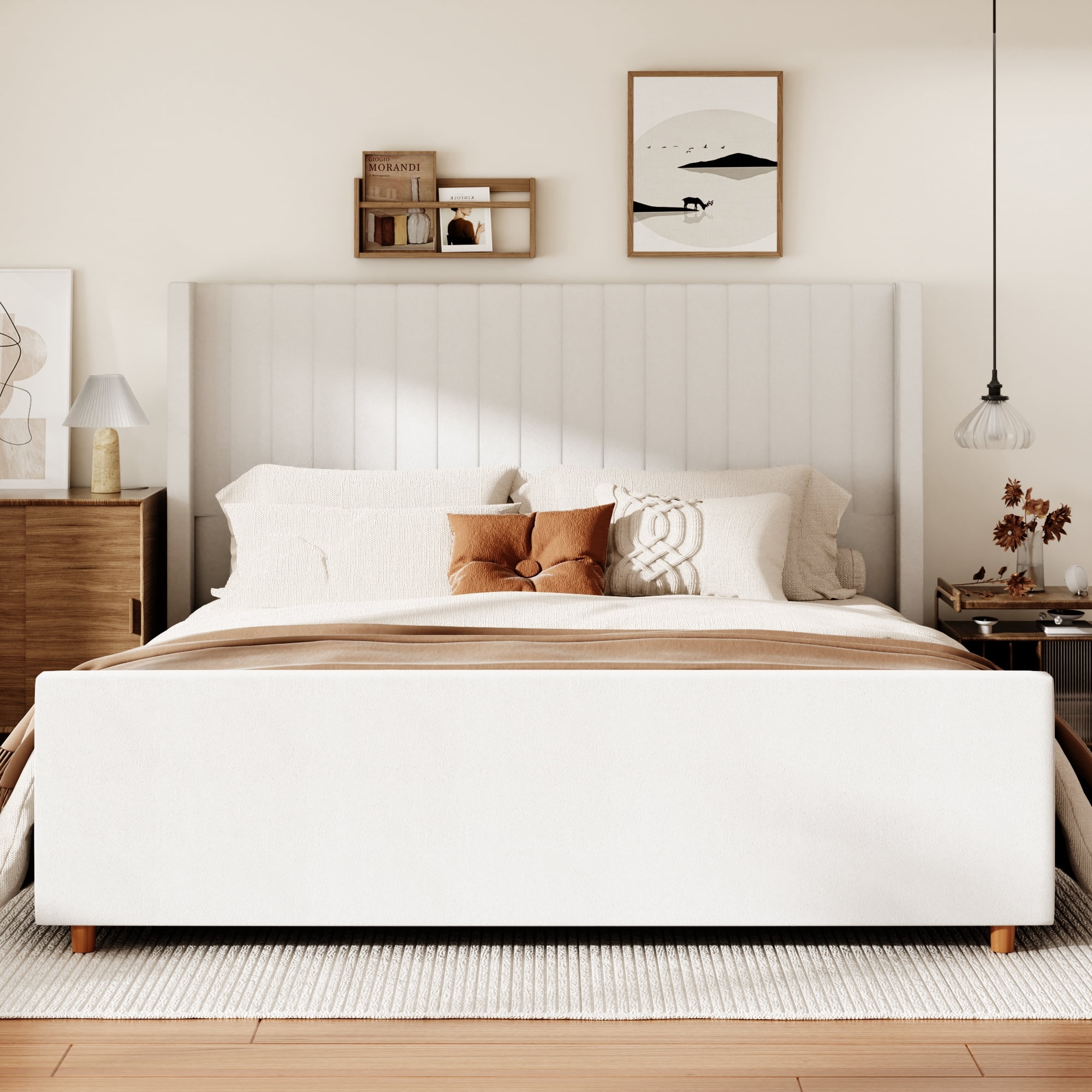 King Size Bed Frame, Upholstered Platform Bed with 62" Tall Headboard & Footboard, Soft Velvet Fabricbed Bed, Easy Assembly, Beige