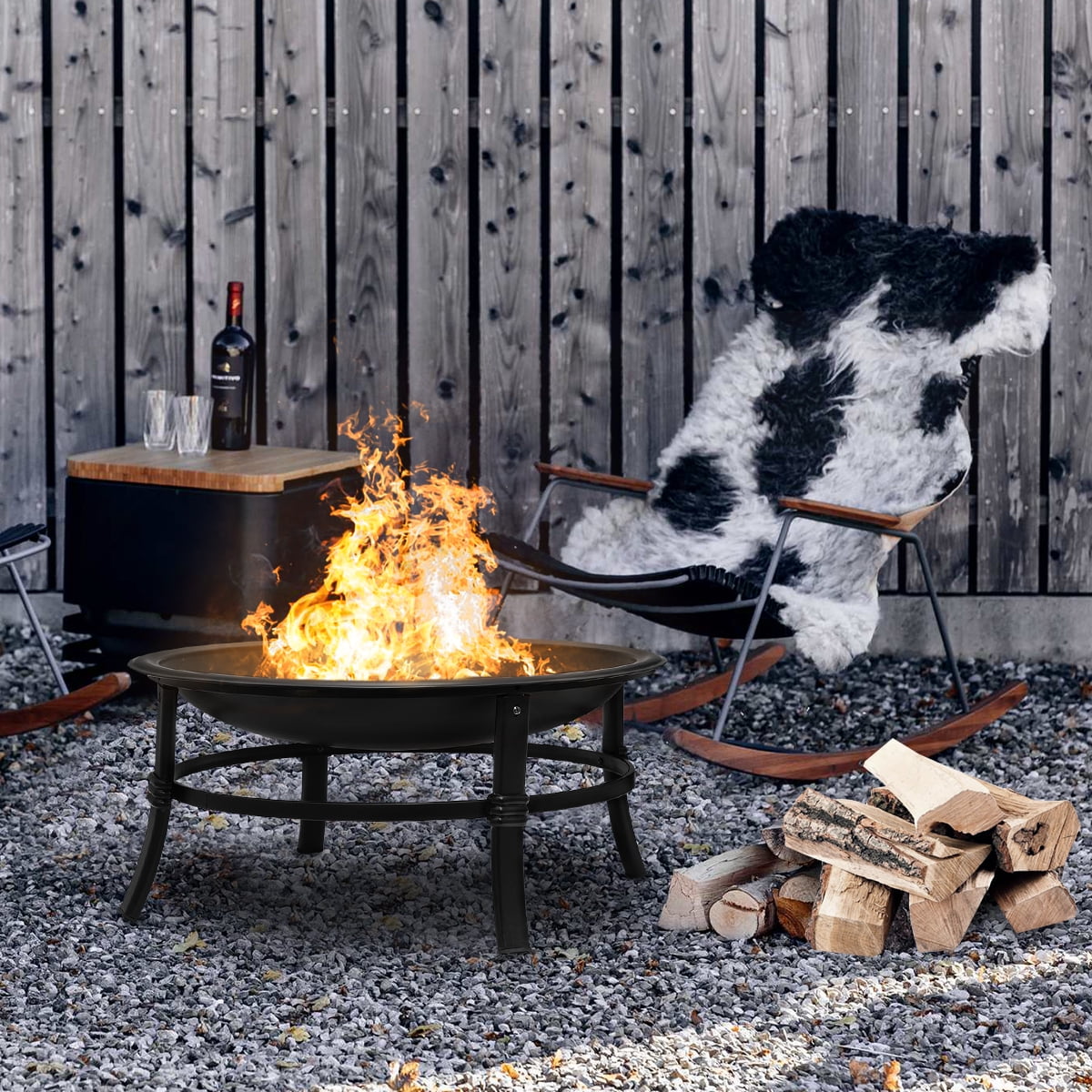 KingSo 26 inch Fire Pit for Outdoor Round Wood Burning Fire Pit Bowl for Camping Picnic Bonfire Patio Outside Backyard Garden Small Bonfire Pit Steel Firepit Bowl with Mesh Screen and Fire Poker