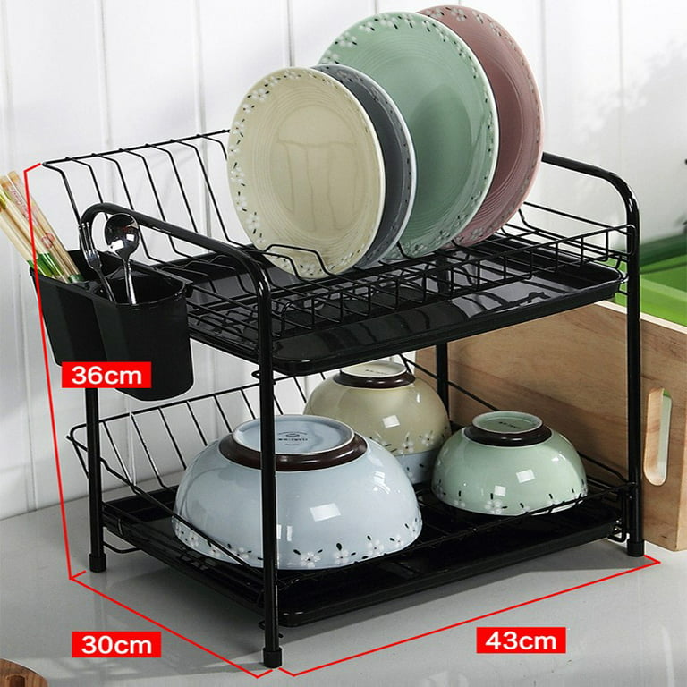 Kogiio 2-Tier Dish Drying Rack with Drainboard, Black Metal Large Capacity Dish  Drainer 