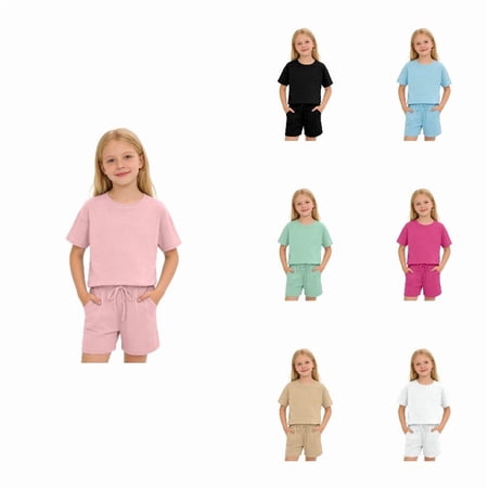 Krdevn Girls Solid 2 Piece Outfit Drop Shoulder Short Sleeve Tee & Pocket Shorts Loose Casual Summer Set Pink