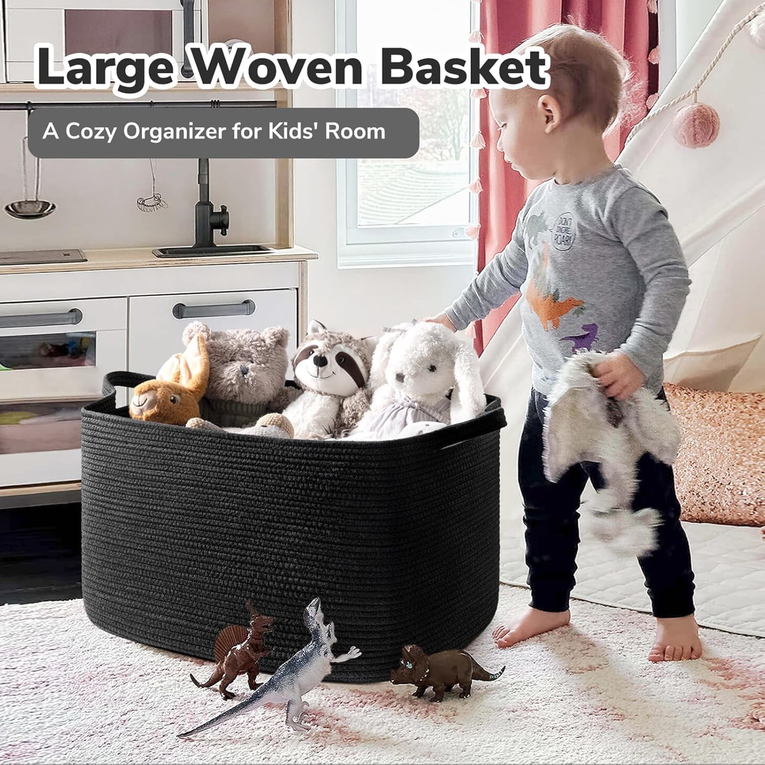 PrimeCook Shop Extra Large Storage Basket, 23.6" x 15.7" x 13.8" Rectangle Cotton Rope Basket for Blankets, Pillows, Toys, Woven Dirty Clothes Baskets for Laundry, Black