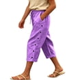 thumbnail image 2 of Twczz Girls Cotton Linen Capris with Pockets- Casual Elastic Waist Straight Leg Quick Dry Kids Beach Pants Purple Size 7-8 Years, 2 of 7