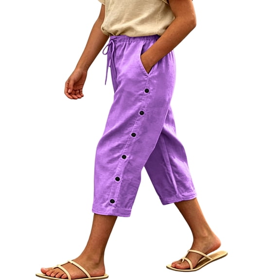 Posijego Girls Linen Capri Pants Wide Leg Drawstring High Waisted Side Buttons Summer Causal Cropped Trousers with Pockets
