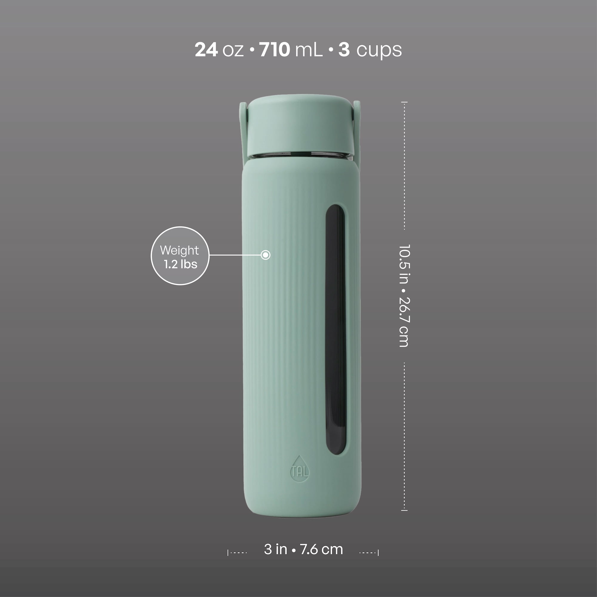 TAL 24oz Glass Willow Water Bottle with Flip-up Straw and Handle, Sage