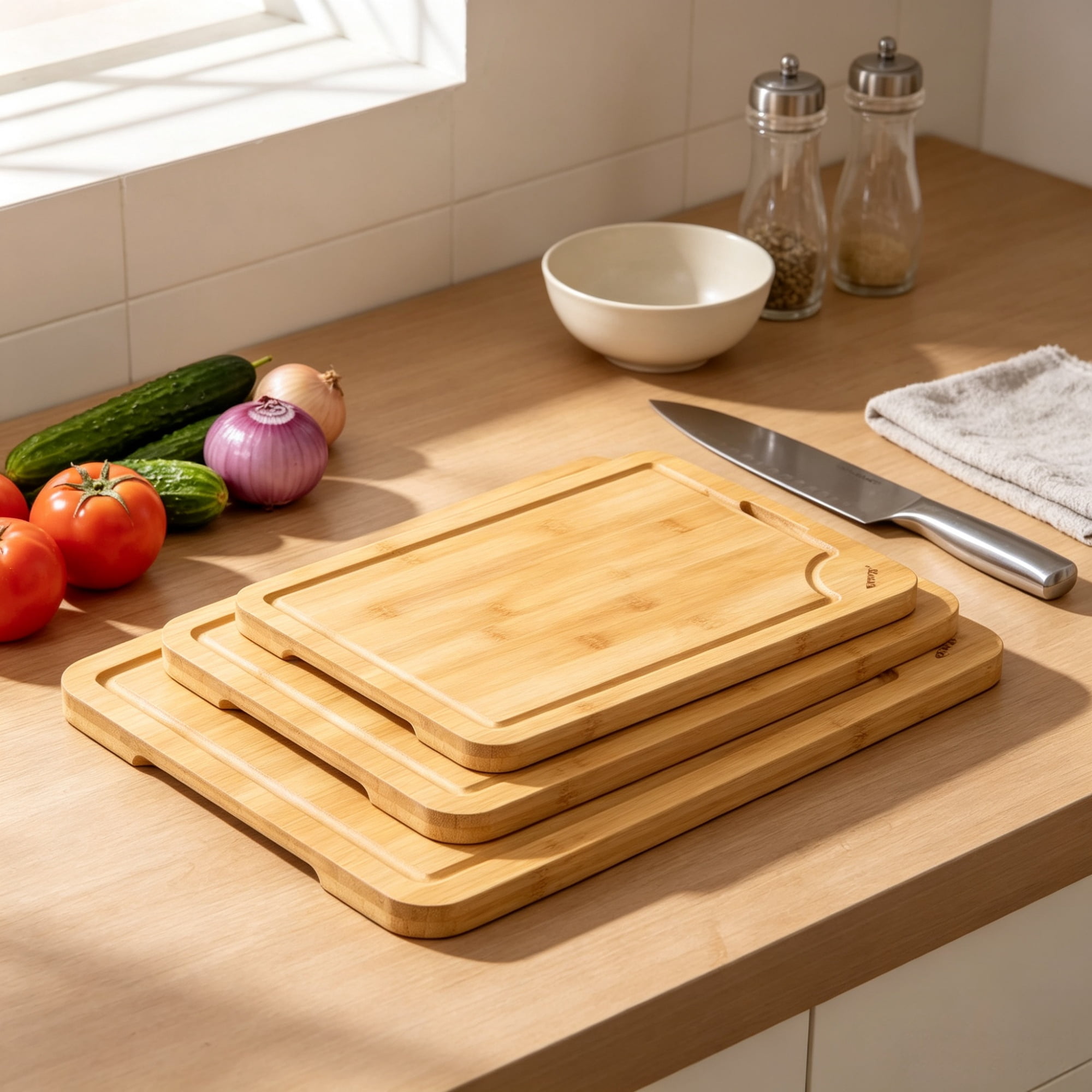 3-Piece Cutting Board Set, Sturdy Chopping Board with Juice Groove & Handle for Serving