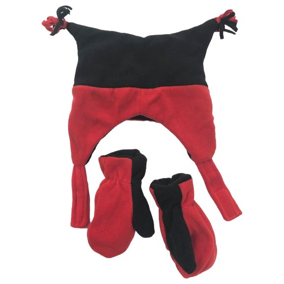 Toddler Boys & Girls Red & Black Fleece Joker Trapper Hat & Mittens Set 2T-4T