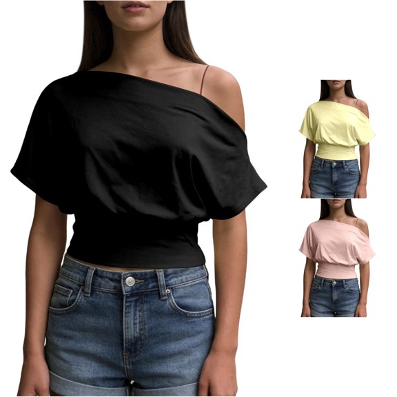 Rhuody Women'S Tops Sleek Off The Shoulder Solid Color Short Sleeve Tops Women'S Clothing Black