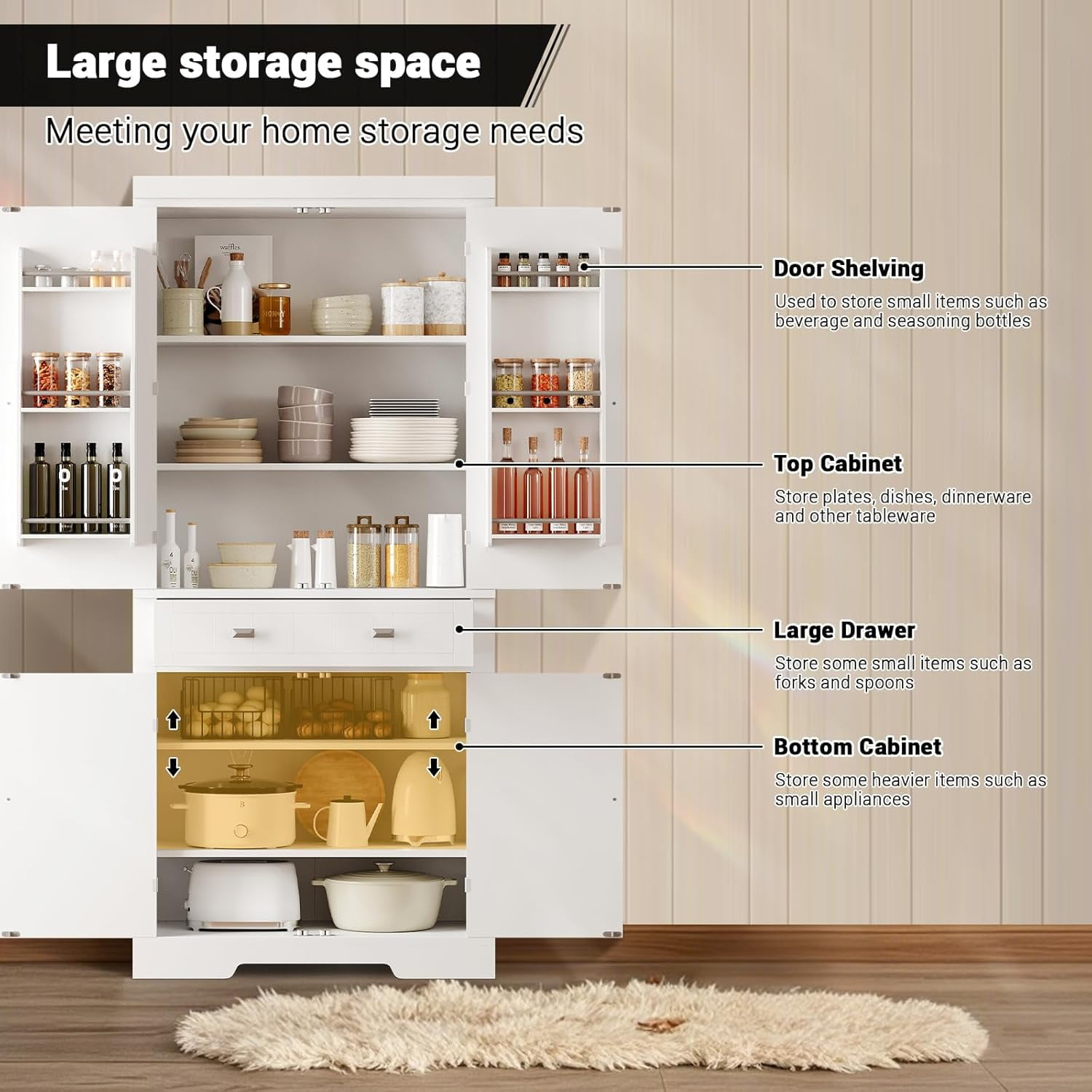 M optimized 72" Kitchen Pantry Cabinet, Freestanding Tall Storage Cabinet with 6 Door Shelves, 2 Cabinets and 1 Drawer, Pantry Storage Cabinet for Kitchen, Living Room, Dining Room