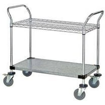 24" Deep x 72" Wide x 39" High 2 Tier Heavy Duty Chrome Wire Utility Cart with 1 Wire Shelf & 1 Solid Shelf