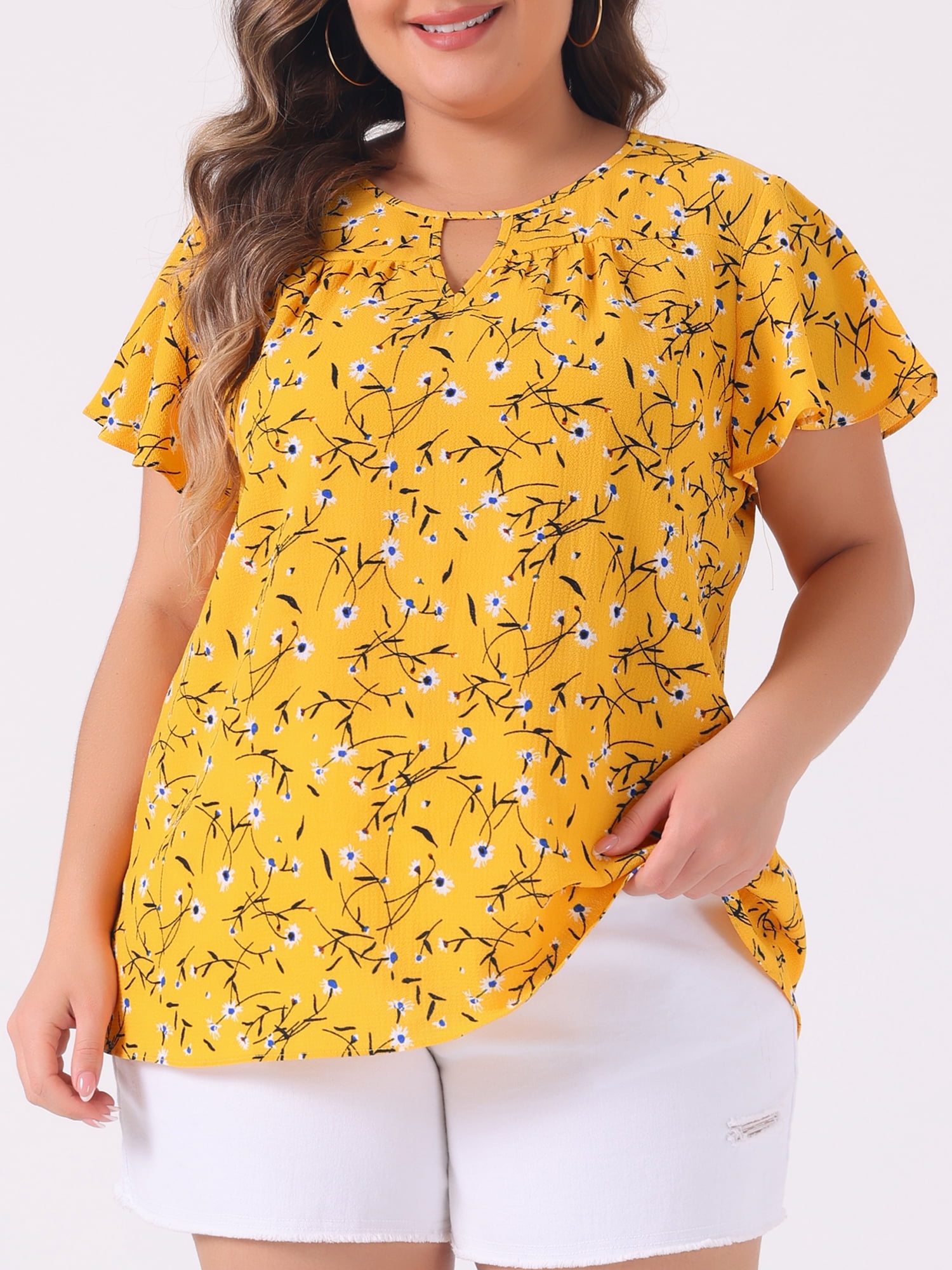 DARING DIVA Women's Plus Ruffle Short Sleeve Keyhole Chiffon Blouse 6X Yellow