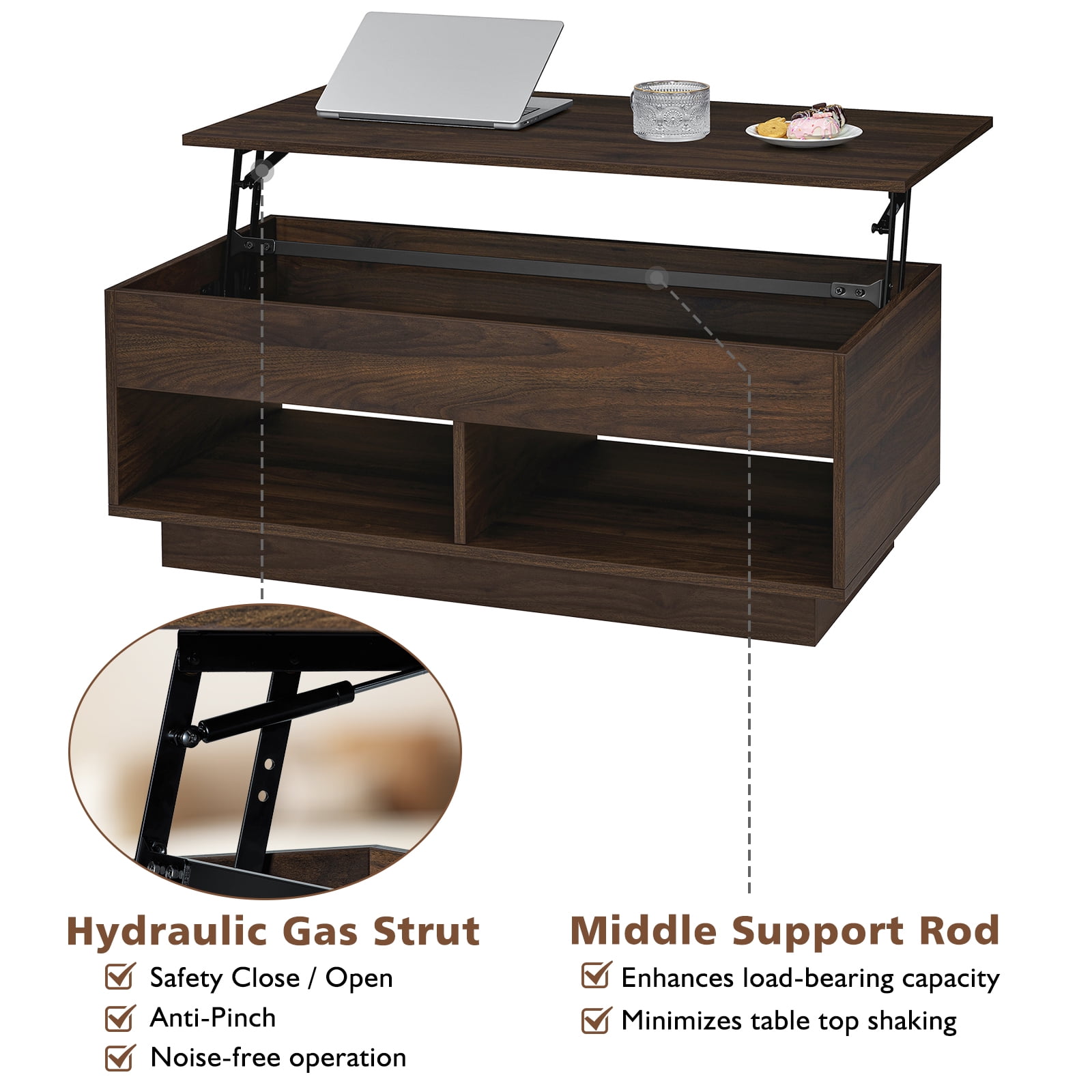 Hommpa Lift Top Coffee Table with Hidden Compartment LED Coffee Tables Dark Walnut Center Rising Cocktail Table for Living Room Accent Furniture