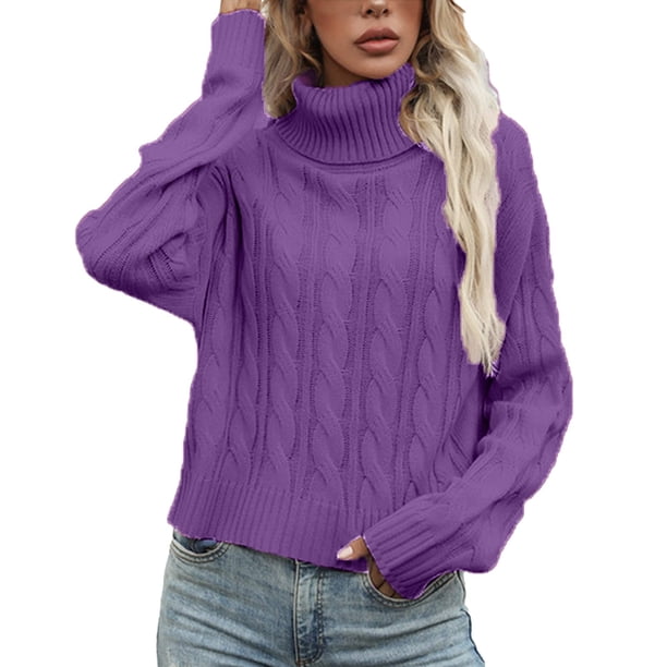 Gibobby Suéter para mujer, Suéter de cuello alto para mujer, de punto trenzado, de color sólido, de punto, para mujer(Morado,CH)