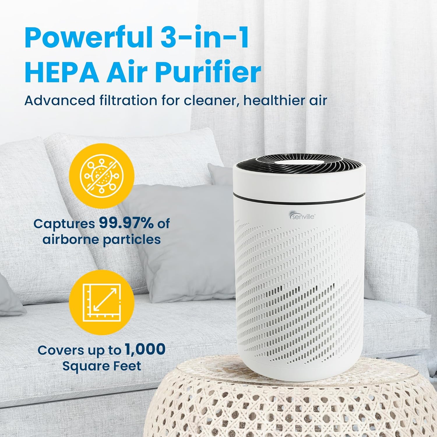 Senville Air Purifier, HEPA Filter, 250 sq ft Coverage