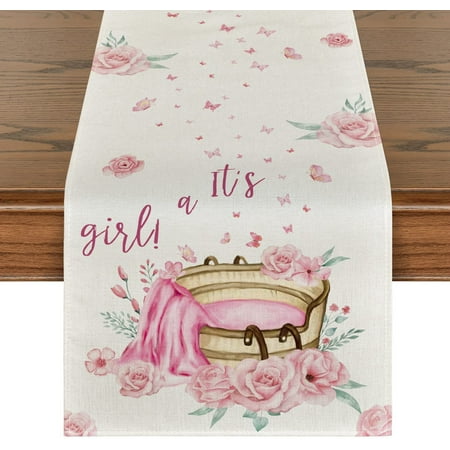 

HYXIZ It s A Girl Baby Shower Table Runner Pink Roses Butterflies Bathtub Kitchen Dining Table Decoration for Outdoor Home Party 13x72 Inch