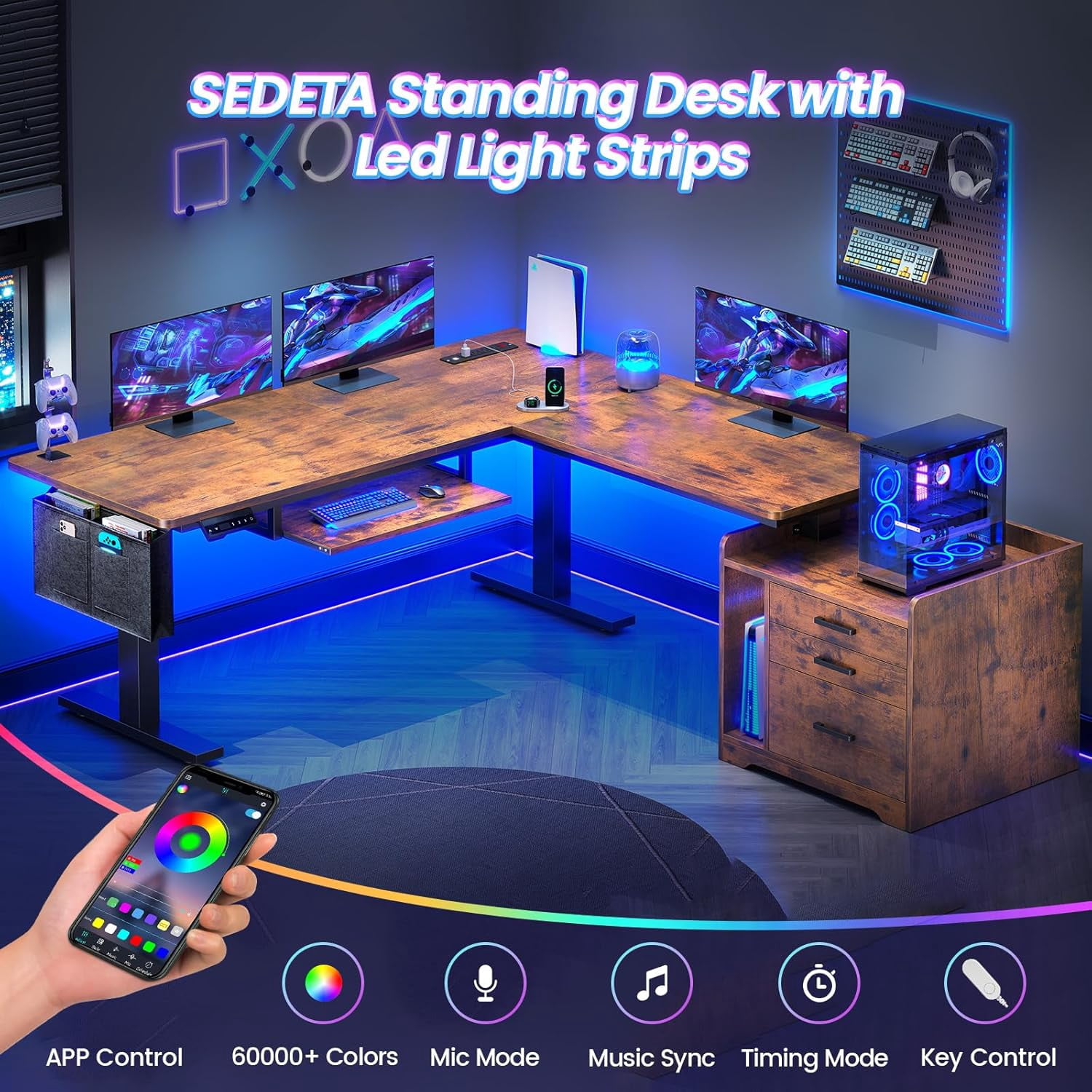 SEDETA Electric Standing Desk with Storage, L Shaped Desk with Drawers & Power Outlets, Home Office Desk with File Drawer, Keyboard Tray and Storage Bag, 63" × 53" Large Stand Up Desk, Rustic Brown