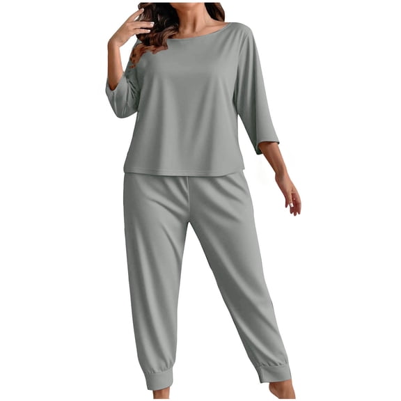 Plus Size 2PC Pajamas Suit for Women Three Quarter Sleeve Crewneck Pullover Shirt Elastic Waist Pants Sleepwear Set Gray 2XL