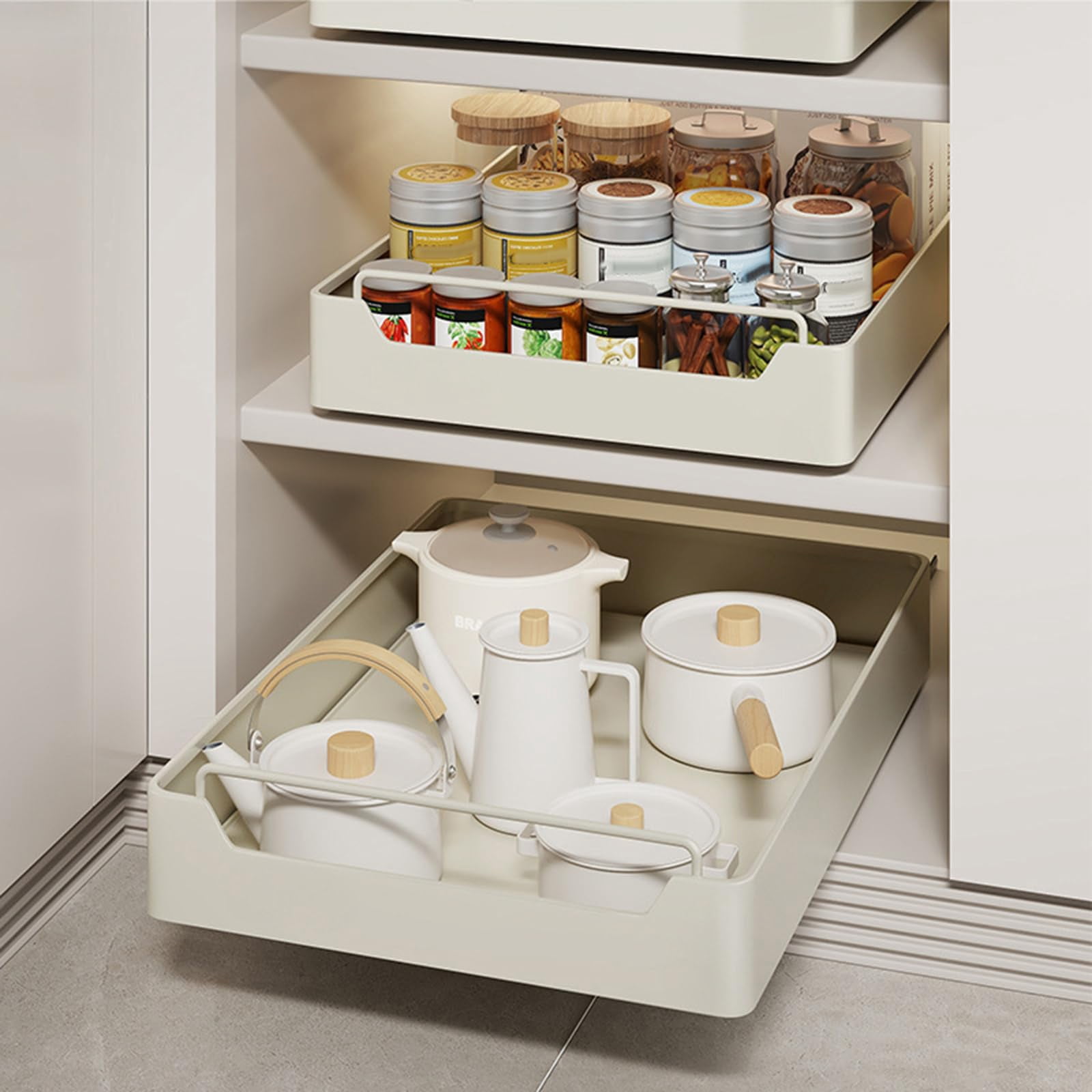 Pull-Out Sliding Cabinet Organizer – Stainless Steel Extendable Drawer with Drill-Free Ultra Adhesive Install,  Easy Under Drain or Pantry Storage for Kitchen, Bathroom