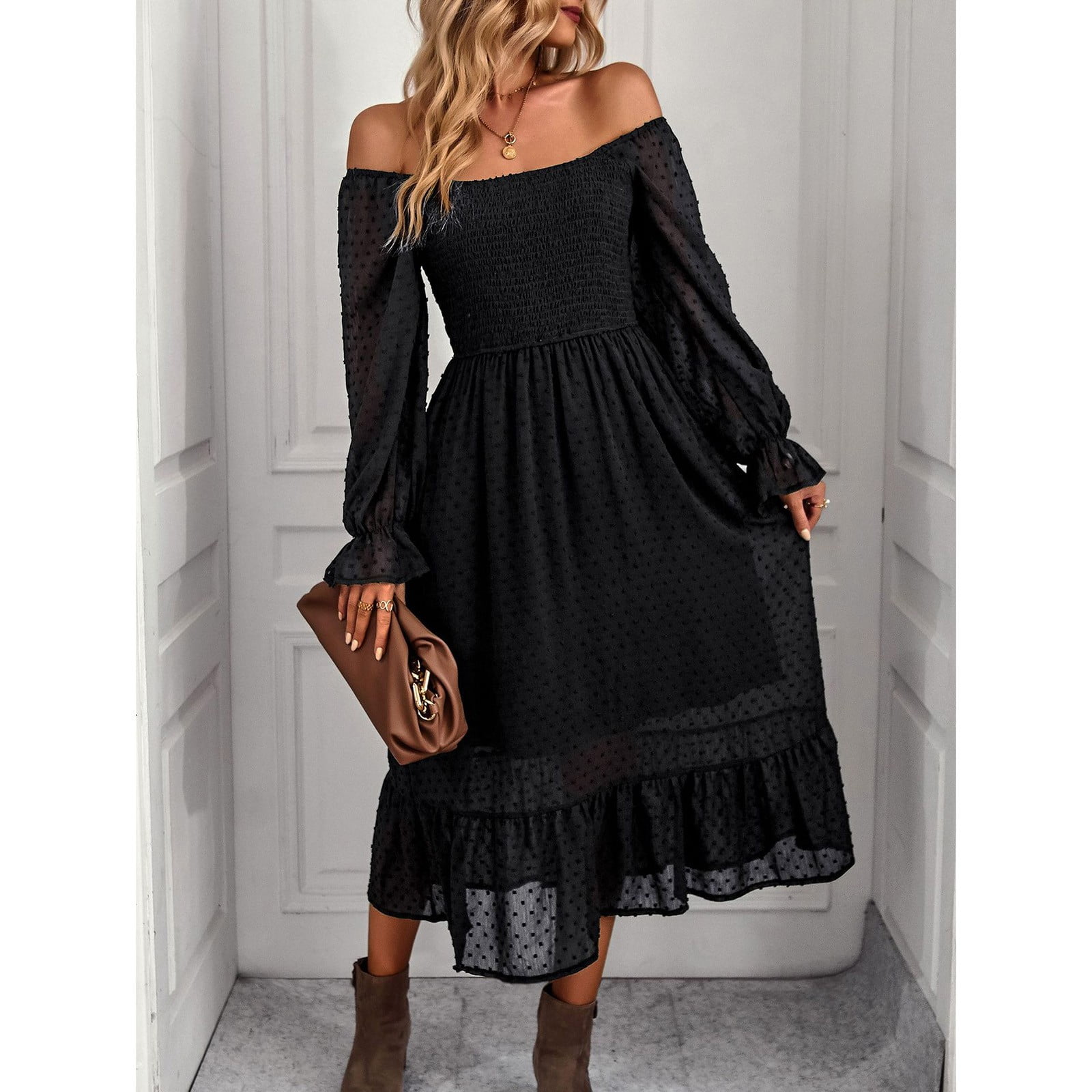Womens Dress Straight Fit Dress Fashion Lady Clothing Latest Long Sleeve Square Neck Elegant Casual Dresses Women Adult Female Clothes Black Size XL Walmart
