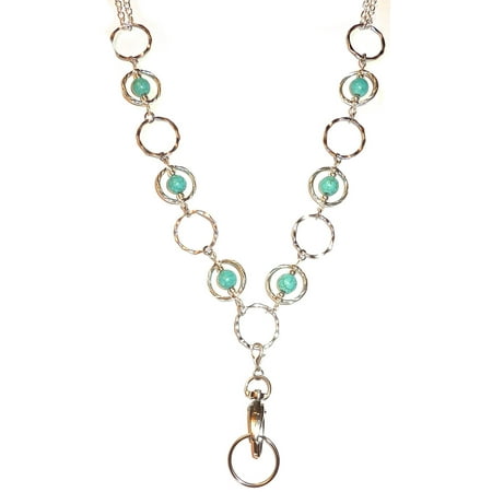 Hidden Hollow Beads Turquoise Circles Women's Chain Fashion Lanyard Necklace, Jewelry ID Badge and Key Holder, 34 in.