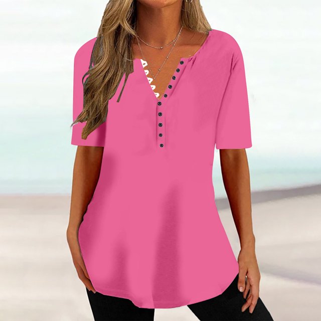 Jsaierl Womens Loose Summer Simple Tunics Solid Color Notched V Neck Curved Hem Tops Daily Versatile Short Sleeve Blouses
