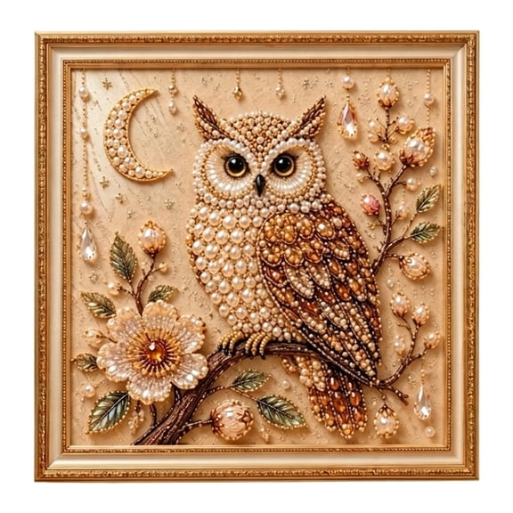 Elegant Owl Diamond Art Craft Kit, 1-Pack 8x8 Inch Framed Pearl Art, for Office Wall and Desk Display, bldnkj