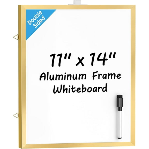 Dry Erase Board for Wall, Gold Aluminum Frame, 16" x 12" Small Hanging White Board with a Black Marker, Portable Small Double Sided Whiteboard for Planning, Drawing, Memo, to Do List