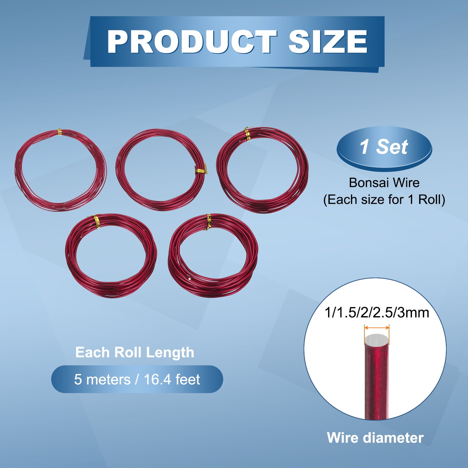 Uxcell 5 Roll Bonsai Wire 1/1.5/2/2.5/3mm Each Roll 16.4ft (5m) Anodized Aluminum Bonsai Wire for Gardening Tree Branch Fixing DIY Crafting, Wine Red