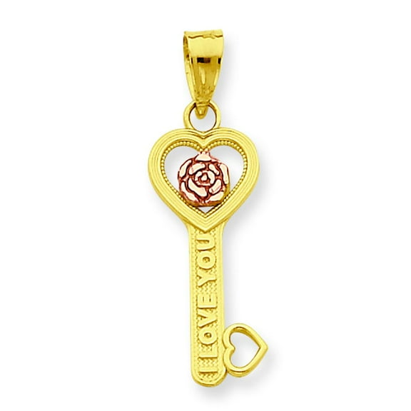 FindingKing 10K Yellow Gold Two Tone I Love You Key Charm Pendant Jewelry