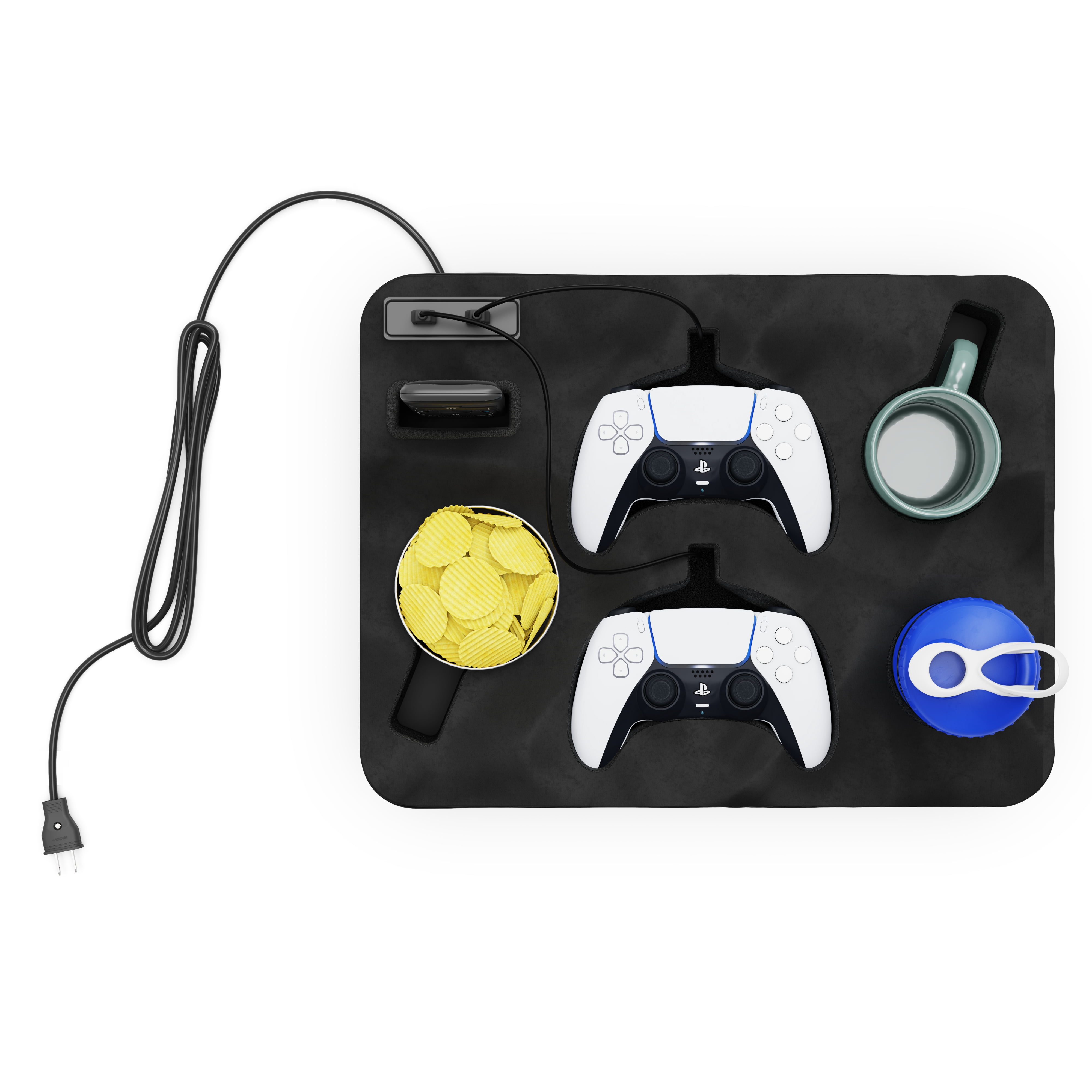 SofaBuddy Dual Controller Charger & Couch Cup Holder – Compatible with PS5, PS4 – Gaming Couch Accessory with Drink Holder, USB Charging Ports & Organizer