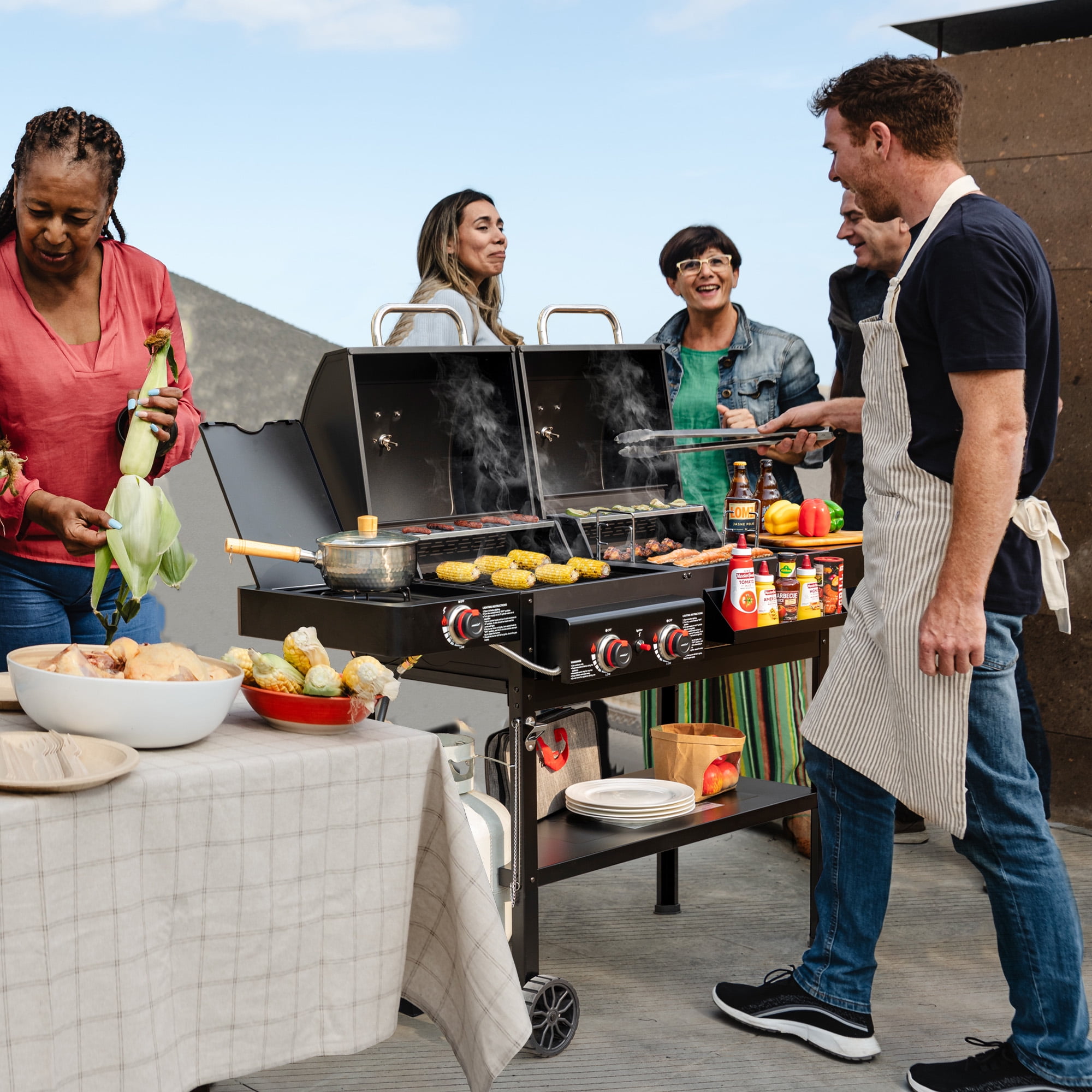 Royal Gourmet ZH3005 2-Burner Gas and Charcoal Combo Grill with Side Burner, 34,000 BTU Dual Fuel Grill for Outdoor Patio Garden Picnic Backyard Cooking, Black