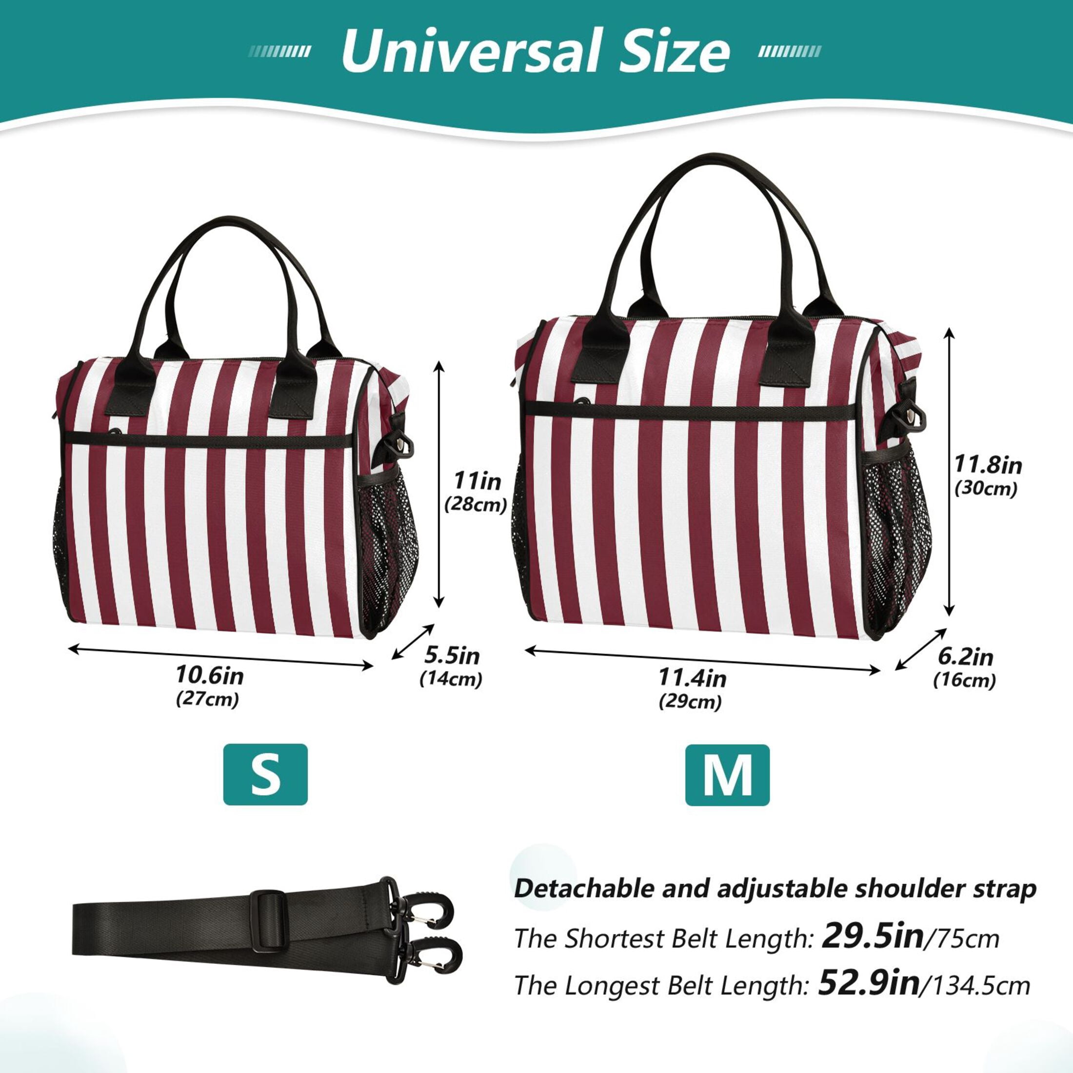 Lunch Bag Insulated Lunch Box Leakproof Reusable Cooler Tote Adjustable Shoulder Strap for Men Women Dark Red and White Striped 9L
