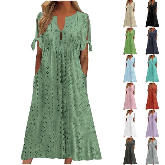 SROBPTY Summer Dresses for Women Solid V Neck Short Sleeve Drawstring