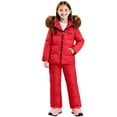 thumbnail image 2 of SGFCWSX Girls Winter Snowsuit Set Furry Hooded Puffer Jacket and Pants for Kids Waterproof Insulated Cold Weather Outfit Red Size 3-4Years, 2 of 4