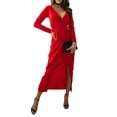 thumbnail image 3 of FASHIONWT Women Plus Size Solid Color V-Neck Long Sleeve Elegant Slit Pleated Midi Dress, 3 of 4