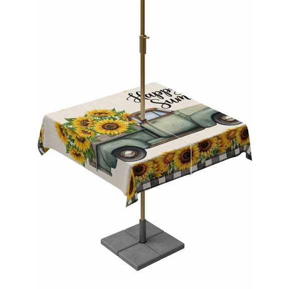 Outdoor Tablecloth with Umbrella Hole for Patio/Picnic/Party/Camping, Sunflowers Truck Waterproof Table Cloth Square Cover Washable, Retro Summer Botanical Floral Plaid (60"x 60")