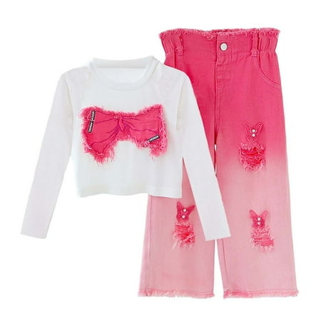 RUTAYY Children Girls Clothing Sets Long Sleeve with Bow and Ripped Denim Jeans 2-Pack with Pocket Travel Elegant Outfit Sets