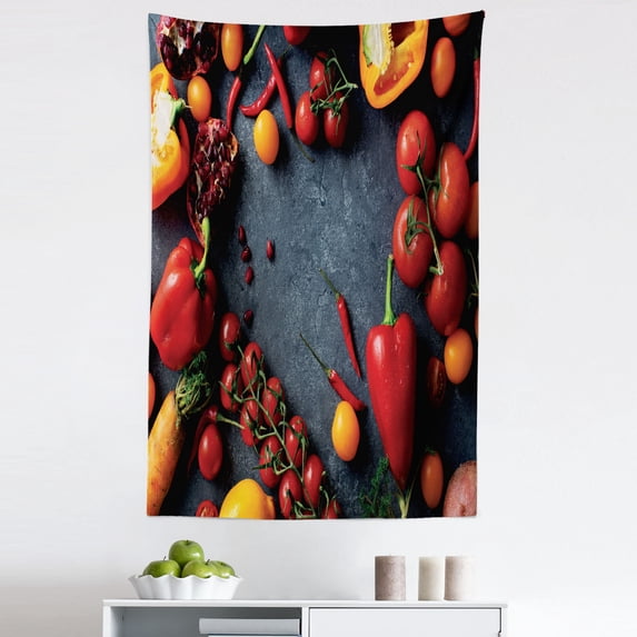 Food Tapestry, Warm Colored Vegetables and Fruits Tomatoes Peppers Carrot Lemon, Fabric Wall Hanging Decor for Bedroom Living Room Dorm, 5 Sizes, Dark Blue Grey Red and Orange, by Ambesonne