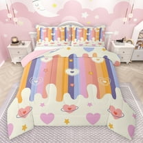 Feelyou Colorful Stripes Lines Queen Comforter Set, Cartoon Stars Love Heart Bedding Sets, Kids Teens Boys Girls Reversible Bedding Comforter Set, Lightweight Room Decor, 3 Pieces