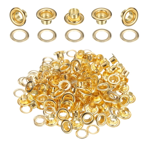 Uxcell 100Set Grommets Eyelets 5mm 1/5 Inch Brass Eyelets Kit with Washers for Fabric Curtain Tarps Leather Belt Shoes Bag DIY, Gold