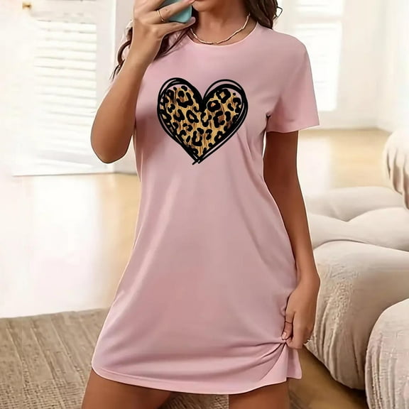 BRGZLK Women's Heart Print Nightdress Large Size Short Nightgown Round Neck Short Sleeve Cute Comfy Lounge Night Gown Pink XL