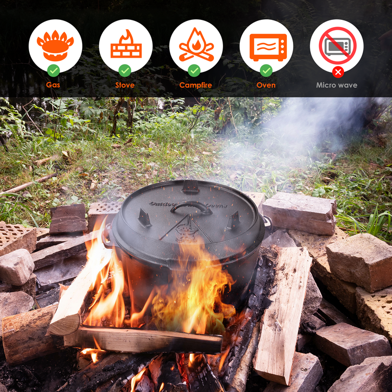 Pirecart 13.2 Quart Cast Iron Dutch Oven, Lid Lifter, Stand, Dual