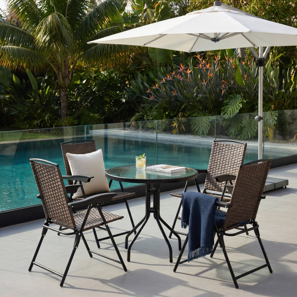 Hommoo 4-Pack Foldable Outdoor Dining Chairs with Adjustable Sling Back, Rust-Resistant Steel Frame, Breathable Fabric, for Patio, Poolside, Balcony & Indoor Use, Brown