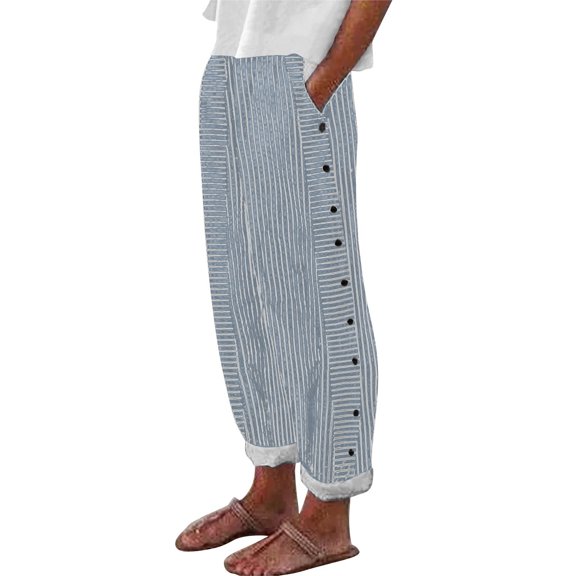 Women's Pants Fashion Casual Pants For Women Cotton And Linen Striped High Waistband Pocket Side Buttons Nine Point Loose Casual H Shaped Straight Leg