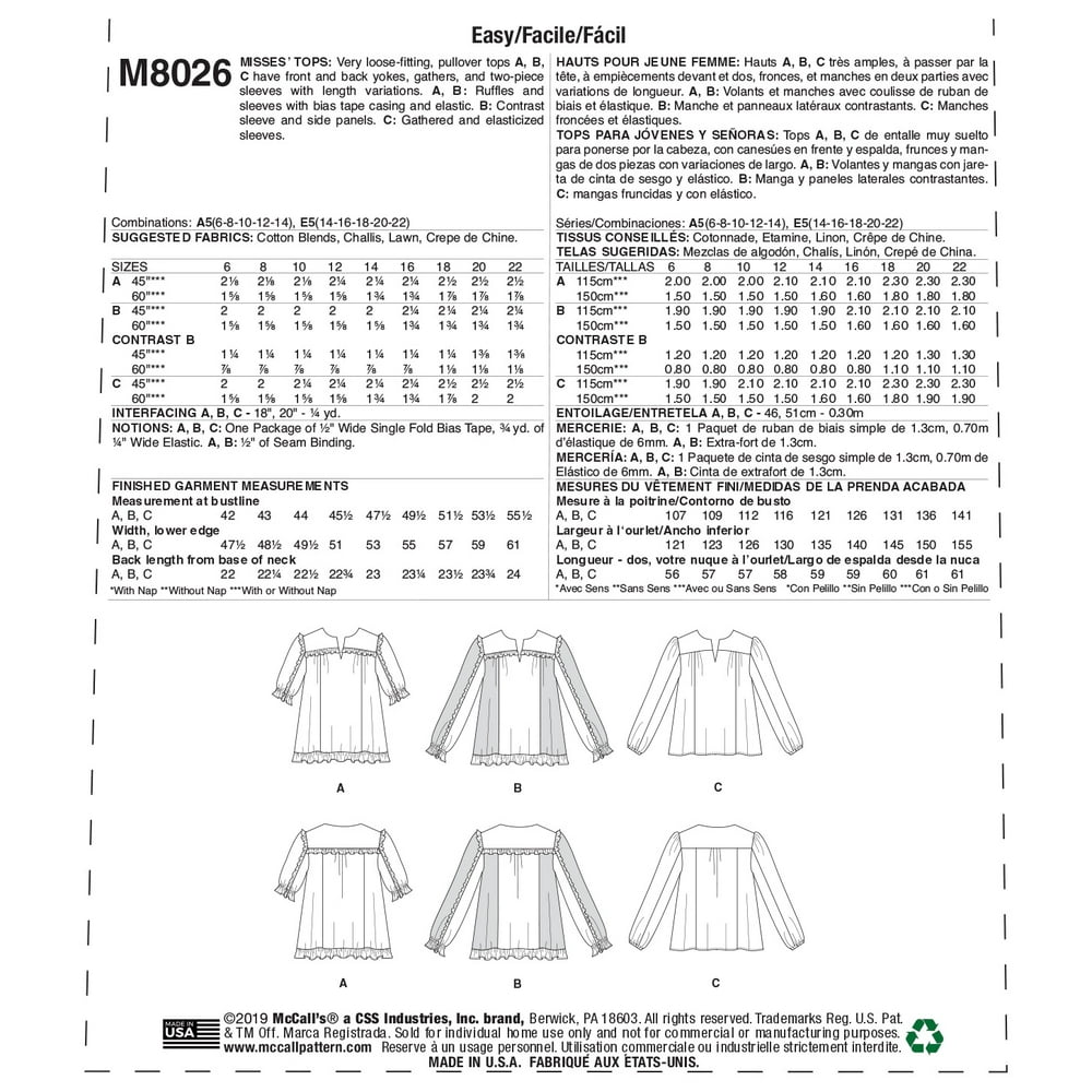 McCall's Pattern Misses' Tops Sizes 1416182022