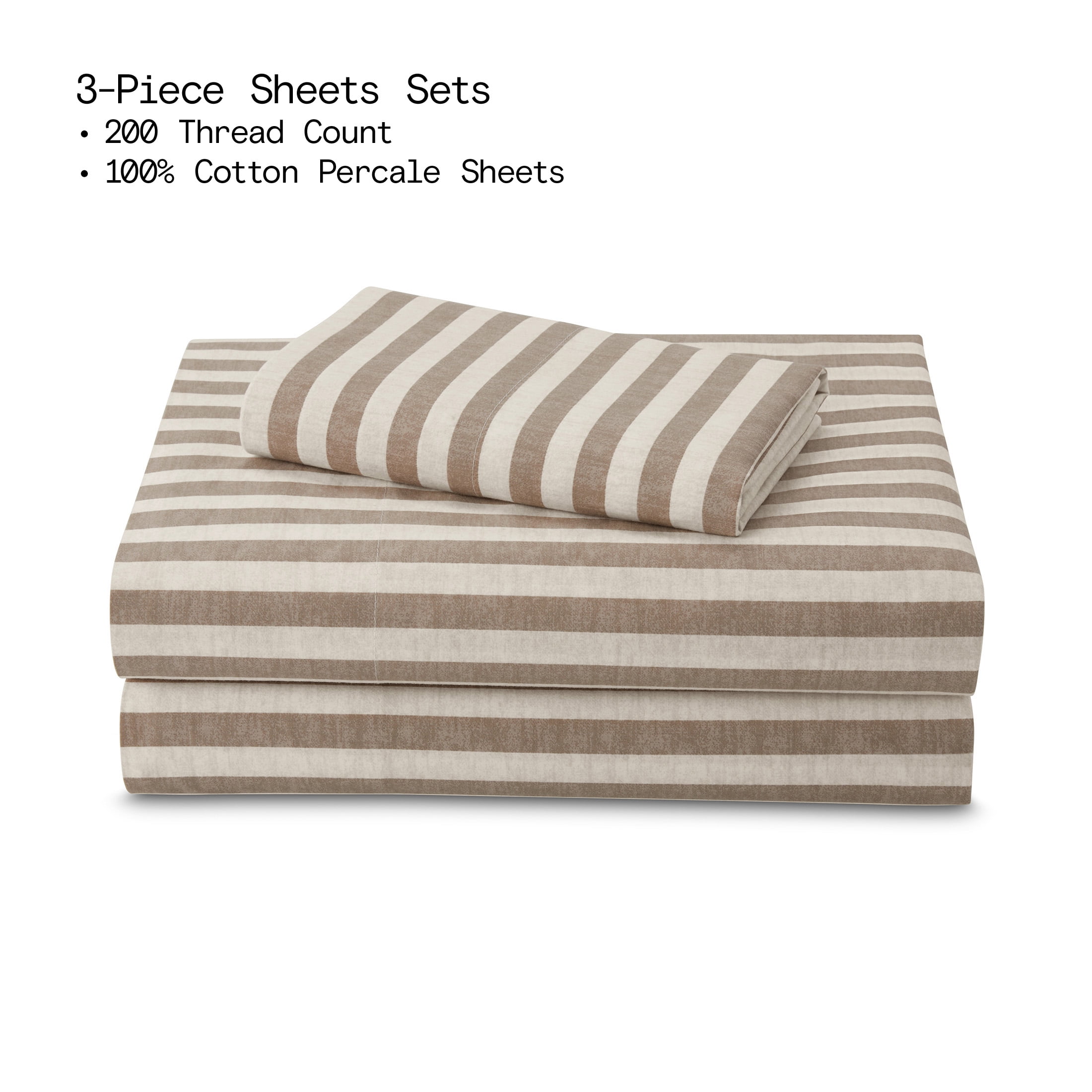 Beautiful Striped 3-Piece 100% Cotton Percale Natural Sheet Set, Twin by Drew Barrymore