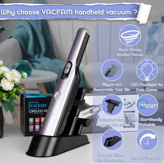 Handheld Vacuum Cordless, Rose Gold, 18KPa High-Power Suction, Portable Car Vacuum with Washable HEPA Filter, LED Light, Storage Dock, Dust Buster for Office Home Desk, Pet Hair Brush