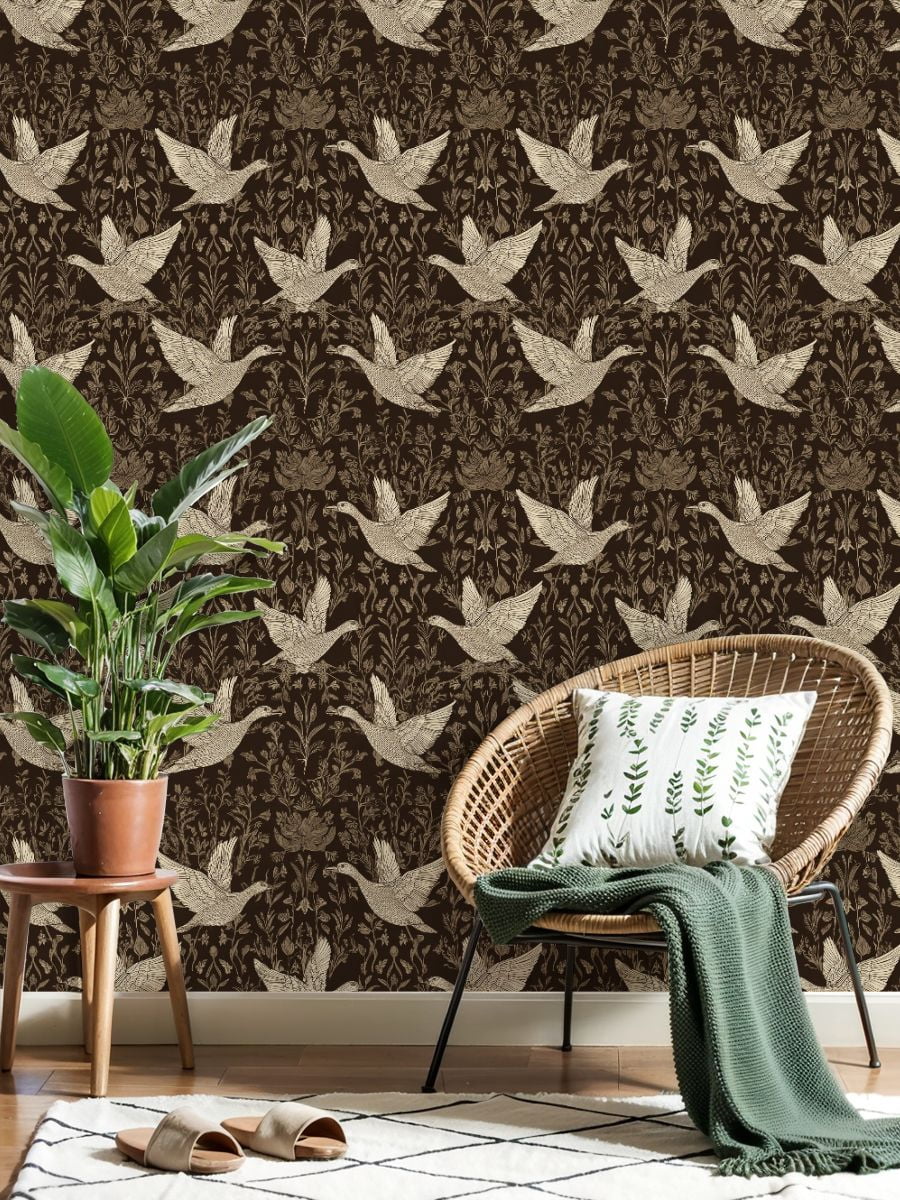 Hunt Peel and Stick Wallpaper 17.7in x 9.8ft Vintage Floral Birds Neutral Tones Contact Paper Vinyl Waterproof Self Adhesive Wall Paper for Bedroom Shelf Cabinet Renter Friendly