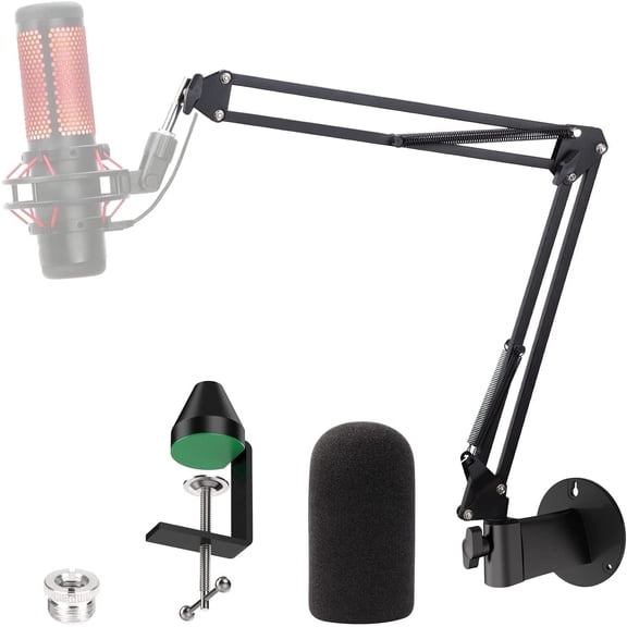 SUNMON Wall Mount QuadCast Boom Arm Stand with Mic Windscreen and Table Mount Clamp, Microphone Stands and Holders Compatible with HyperX QuadCast S