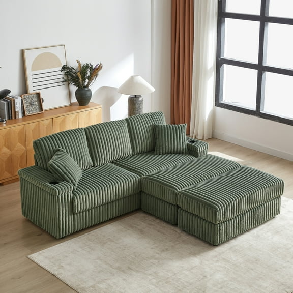 Upholstered Sofa Couches, 3-Seat Reclining Sofa with Ottoman, 2 Pillows, 2 Cupholders and 2 Storage Spaces, 84" Modern Corduroy Fabric Couches for Living Room, Apartment, Army Green