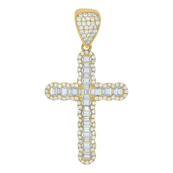 10k Yellow Gold Mens Baguette Round Cubic-Zirconia Cross Religious Charm Pendant